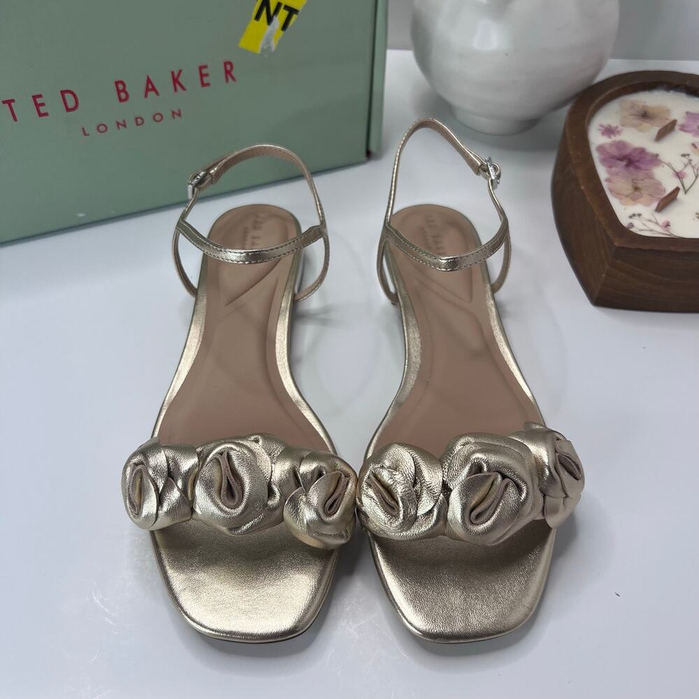 Ted Baker June Leather Metallic Floral Embellishments Sandal Gold Women 8.5 NWB